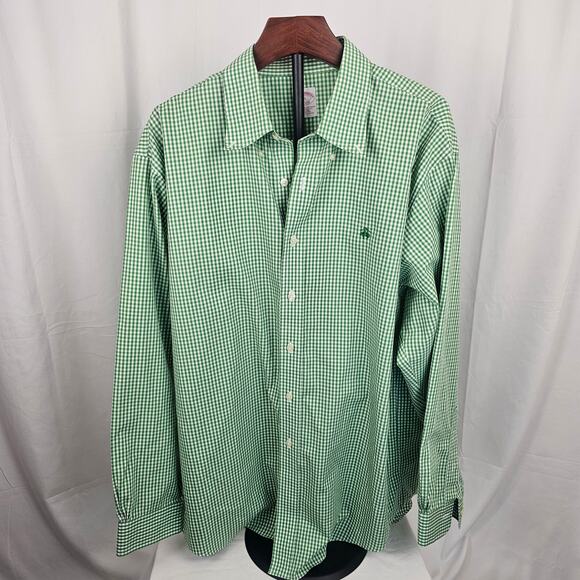 Brooks Brothers Gingham Dress Shirt XL Cotton Green Check Button Down - Picture 1 of 6